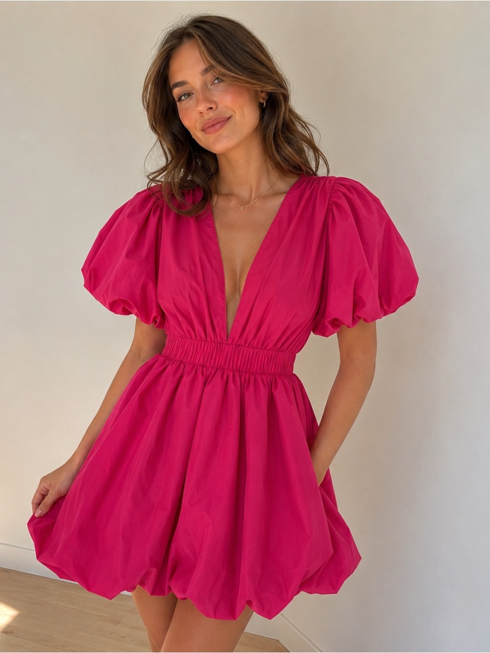 Deep V Puff Sleeve Mini Dress in Fuchsia